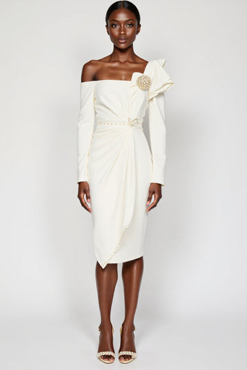 Sparkly White One Shoulder Long Sleeves Ruched Midi Work Dress with Rhinestone